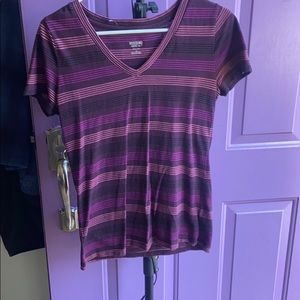 Stripped purple tee shirt.